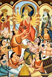 Single Panel Patachitra Of Goddess Durga And Worshippers — Anwar Chitrakar