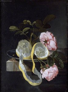 Still Life With A Lemon And Pink Roses — Cornelis Kick