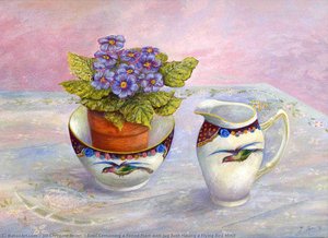 Bowl Containing A Potted Plant With Jug Both Having A Flying Bird Motif — Jill Christine Ibrom