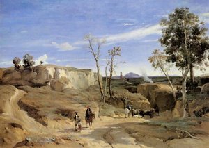 Roman Countryside Rocky Valley with a Herd of Pigs - Camille Corot