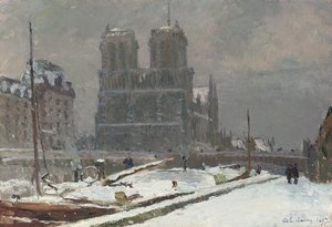 Notre-dame De Paris, Vue Prise Du Quai Saint-michel, En Hiver, Par Temps De Neige — Albert-charles Lebourg