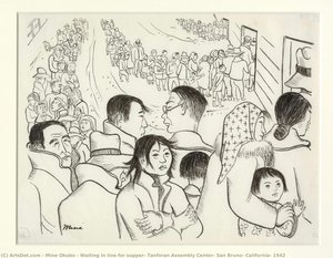 Waiting In Line For Supper, Tanforan Assembly Center, San Bruno, California, 1942 — Miné Okubo