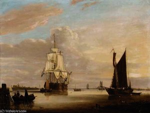 A dutch three-master at anchor off the coast