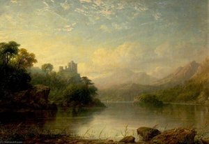 Lake Scene With Ruined Castle And Mountains — George Frederick Buchanan, Romanticism