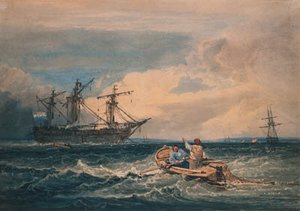 Figures In A Fishing Boat Approaching An Anchored Man-o-war — Samuel Prout
