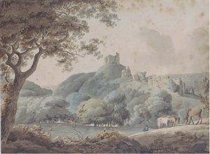Horses Grazing In A Rural Landscape With Castle Ruins Beyond