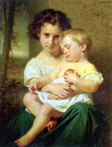 Young Girl Holding A Sleeping Baby — Hugues Merle
