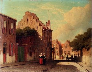 A Sunlit Townview With Figures Conversing — Johan Hendrik Weissenbruch, Realism