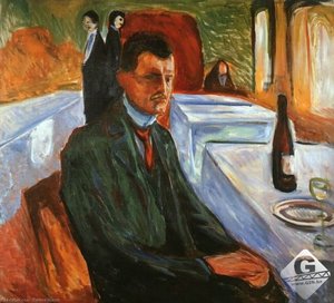 Self-portrait With A Wine Bottle, Oil On Canvas, — Edvard Munch, Symbolist Expressionism