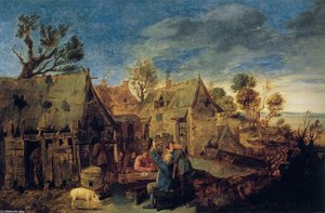Village Scene With Men Drinking — Adriaen Brouwer, Dutch Baroque Painting
