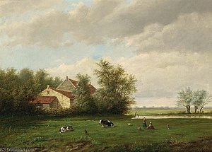 A Landscape With Two Girls Playing In A Meadow Near A House — Willem Vester