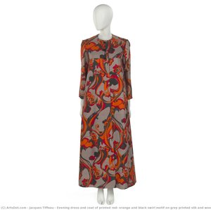 Evening Dress And Coat Of Printed Red, Orange And Black Swirl Motif On Grey Printed Silk And Wool Ground — Jacques Tiffeau, Contemporary Realism