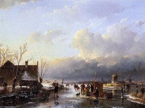 Scaters On River Near Saw Mill Sun — Andreas Schelfhout