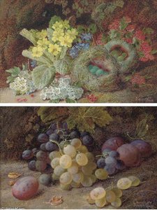 Primroses, Apple-blossom And A Bird's Nest On A Mossy Bank; And Grapes And Plums On A Mossy Bank — Vincent Clare