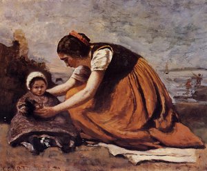 Mother And Child On The Beach — Jean-baptiste-camille Corot, Impressionistic Landscape