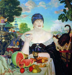 The Merchant's Wife At Tea — Boris Mikhailovich Kustodiev, Art Nouveau