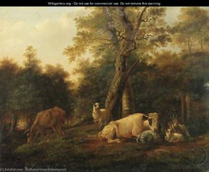 Cattle, Goats And Sheep By Birches In A Wooded Landscape — Balthasar Paul Ommeganck