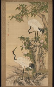 Cranes, Peach Tree, And China Rose — Shen Quan