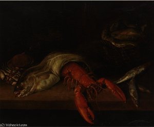 A Lobster, A Basket Of Fish, A Crab, A Cod And Other Fish On A Ledge — Abraham Hendricksz. Van Beyeren