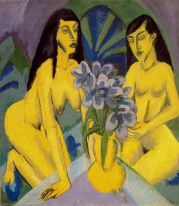 Two Nudes With Yellow Flowers — Ernst Ludwig Kirchner, Expressionism