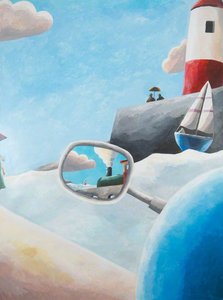 Lighthouse With Boat And Left Hand Wing Mirror — Emrys Williams