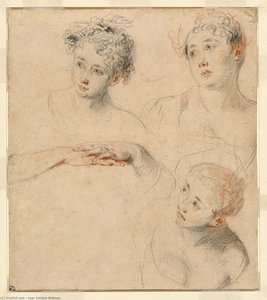 Three Studies Of A Woman's Head And A Study Of Hands [recto], — Jean-antoine Watteau, Rococo Style