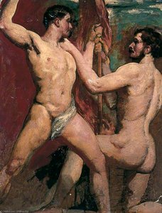Two Male Nudes, One Kneeling With Staff — William Etty