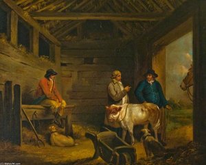 A Barn With Three Men And A Calf — George Morland