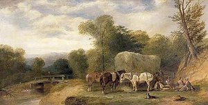 Carthorses And Rustics By A Stream — William Shayer Senior