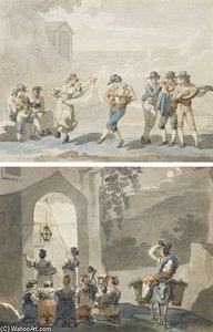A Couple Dancing The 'saltarello' Surrounded By Musicians, And Women And Children Is Gathering To An Enlightened Chapel Tivoli — Bartolomeo Pinelli