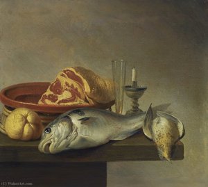 Still Life With A Ham, A Fish, A Candle And Other Objects Arranged On The Edge Of A Tabletop — Harmen Steenwijck