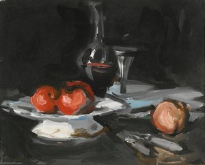 Still Life With Wine Decanter, Glass And Apples — Samuel John Peploe