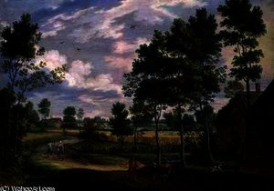 Figures outside a Cottage in a Country Landscape