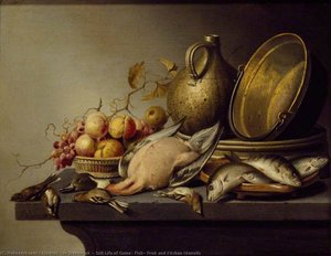 Still Life Of Game, Fish, Fruit And Kitchen Utensils — Harmen Van Steenwyck
