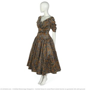 Cocktail Dress In Camel Floral Velvet Broche On Gunmetal Silk Satin Ground — Cristóbal Balenciaga Eizaguirre, Surrealist Fashion