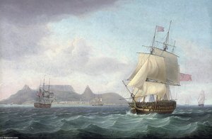 View Of Cape Town, Table Bay, Cape Of Good Hope, With A Seventy-four Gun Ship Lying-to For Convoy — Thomas Whitcombe
