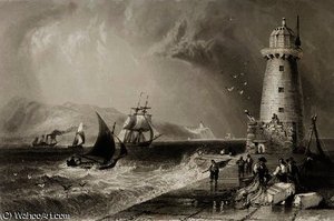 South Wall Lighthouse With Howth Hill — William Henry Bartlett