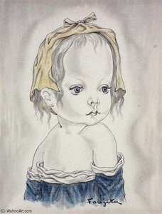 Shoulder Length Portrait Of A Young Child Wearing A Headscarf — Léonard Tsuguharu Foujita