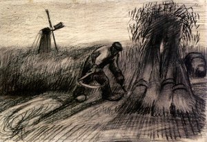 Wheatfield With Reaper And Peasant Woman Binding Sheaves — Vincent Willem Van Gogh