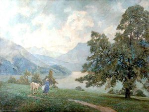 Milkmaid And Cow In Landscape — William Herbert Allen