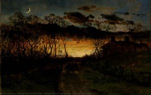 Untitled (sunset with quarter moon and farmhouse)