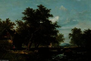 Landscape - Cottage, Trees, A Stream And Distant Hills — William James Müller