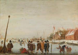 Winter landscape with skaters and colfers on a frozen inlet