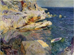 Rocks And White Boat, Javea — Joaquín Sorolla Y Bastida, Impressionism