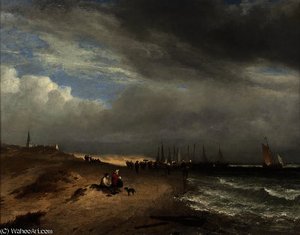 Figures On The Beach At Scheveningen Watching The Fishing Fleet Return — Alfred George Stannard