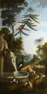 PAYSAGE AVEC MARKHORS D'ASIE CENTRALE, GRUE COURONNEE, PAN, ARA RAUNA ET TADORNES DE BELON