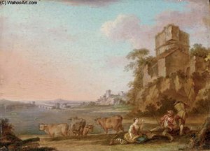 An Italianate River Landscape With Figures Making Music, Cattle Beyond — Balthasar Paul Ommeganck