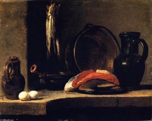 A Pitcher, Two Eggs, A Casserole, Three Herrings, A Copper Pot, A Slice Of Fish And A Jug — Jean-baptiste-siméon Chardin
