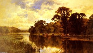 Cattle Watering On A Riverbank — Henry Hillier Parker