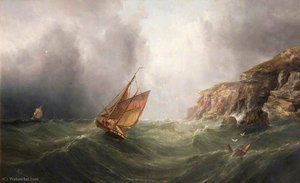 A Coastal Scene With A Cliff, A Fishing Boat And A Merchantman In A Storm — Henry Redmore, Romanticism